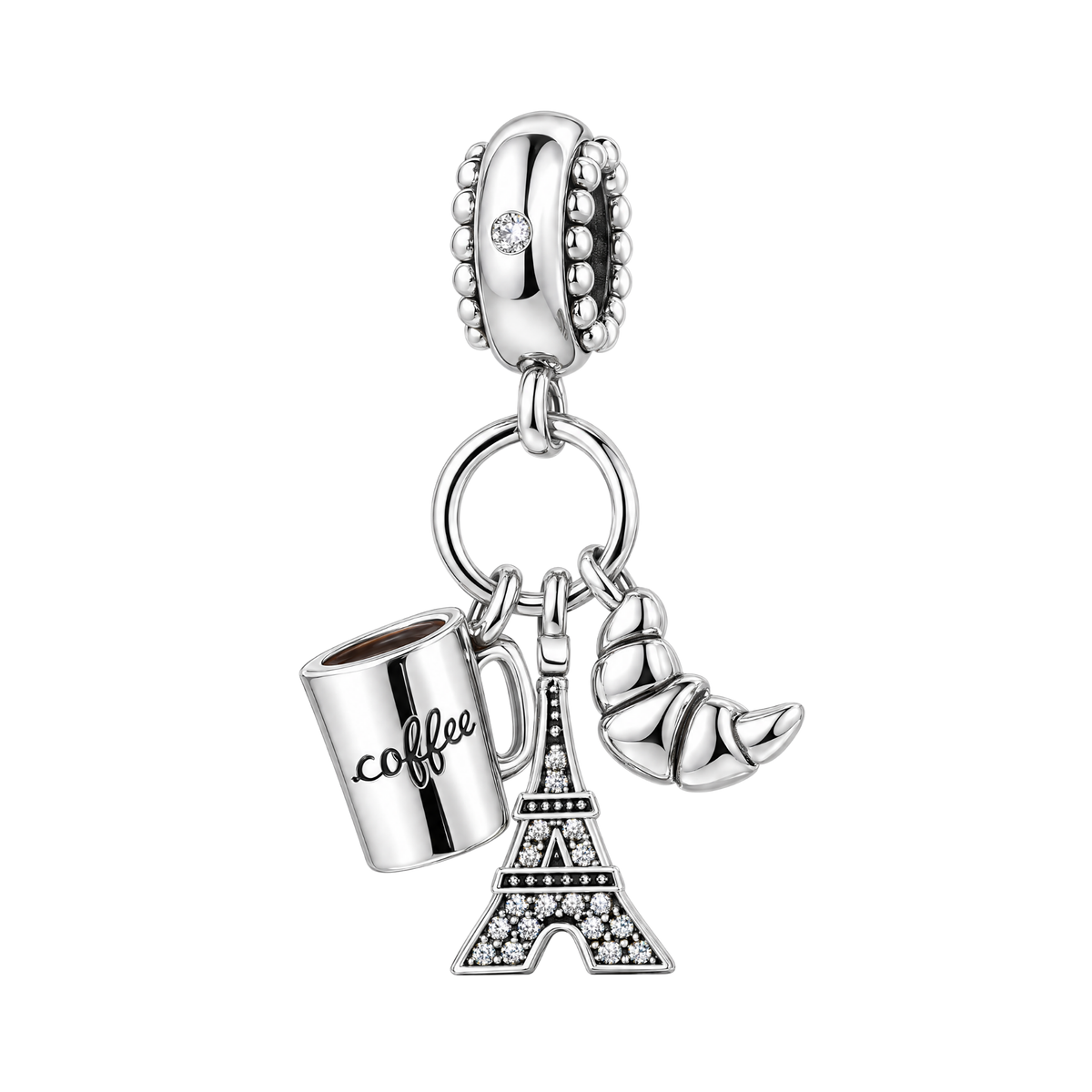 Silver Paris Eiffel Tower Coffee Croissant Dangle Charm featuring a sparkling tower, coffee mug, and croissant.