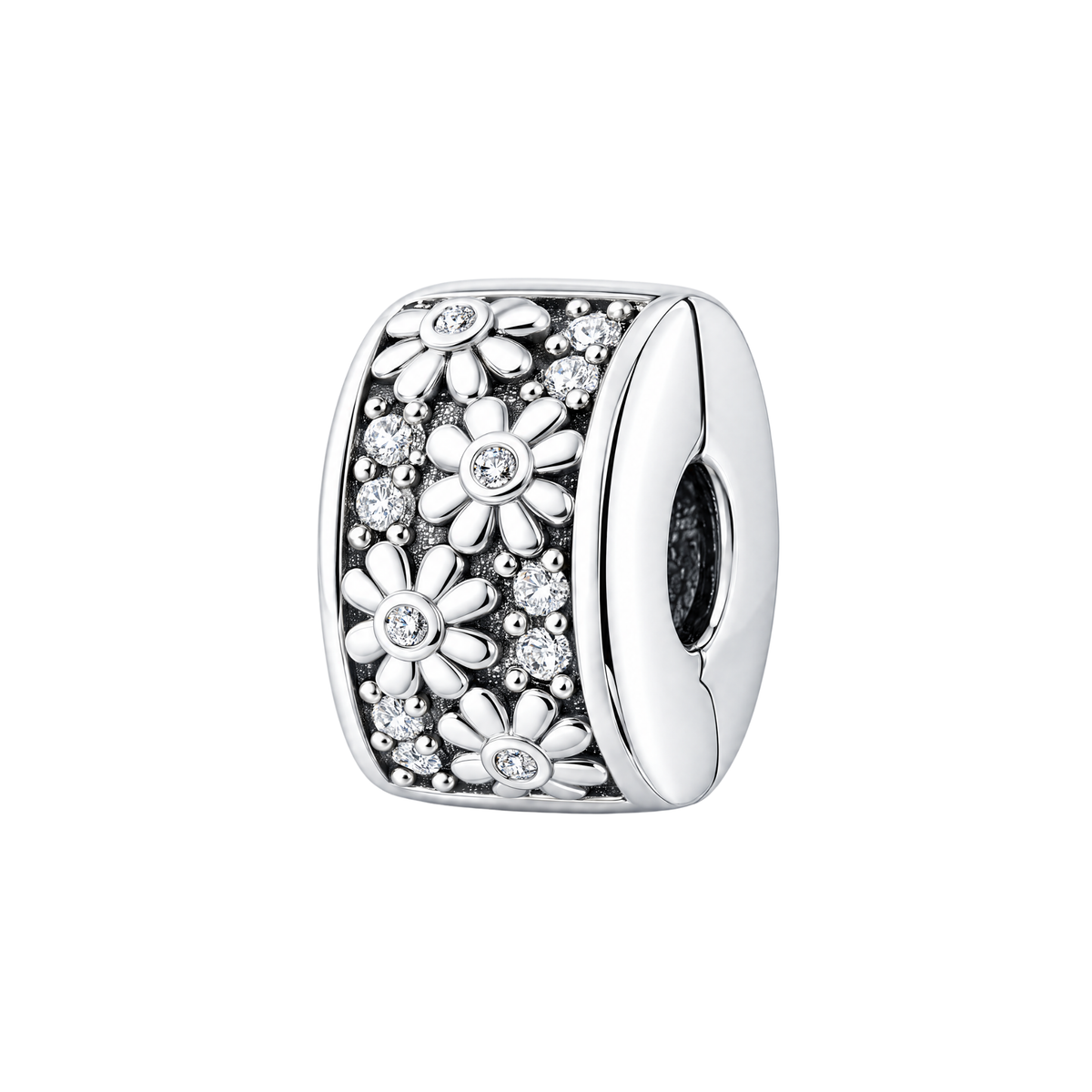 Sterling silver Sparkling Daisy Flower Clip Charm with delicate daisy designs and pavé crystals.
