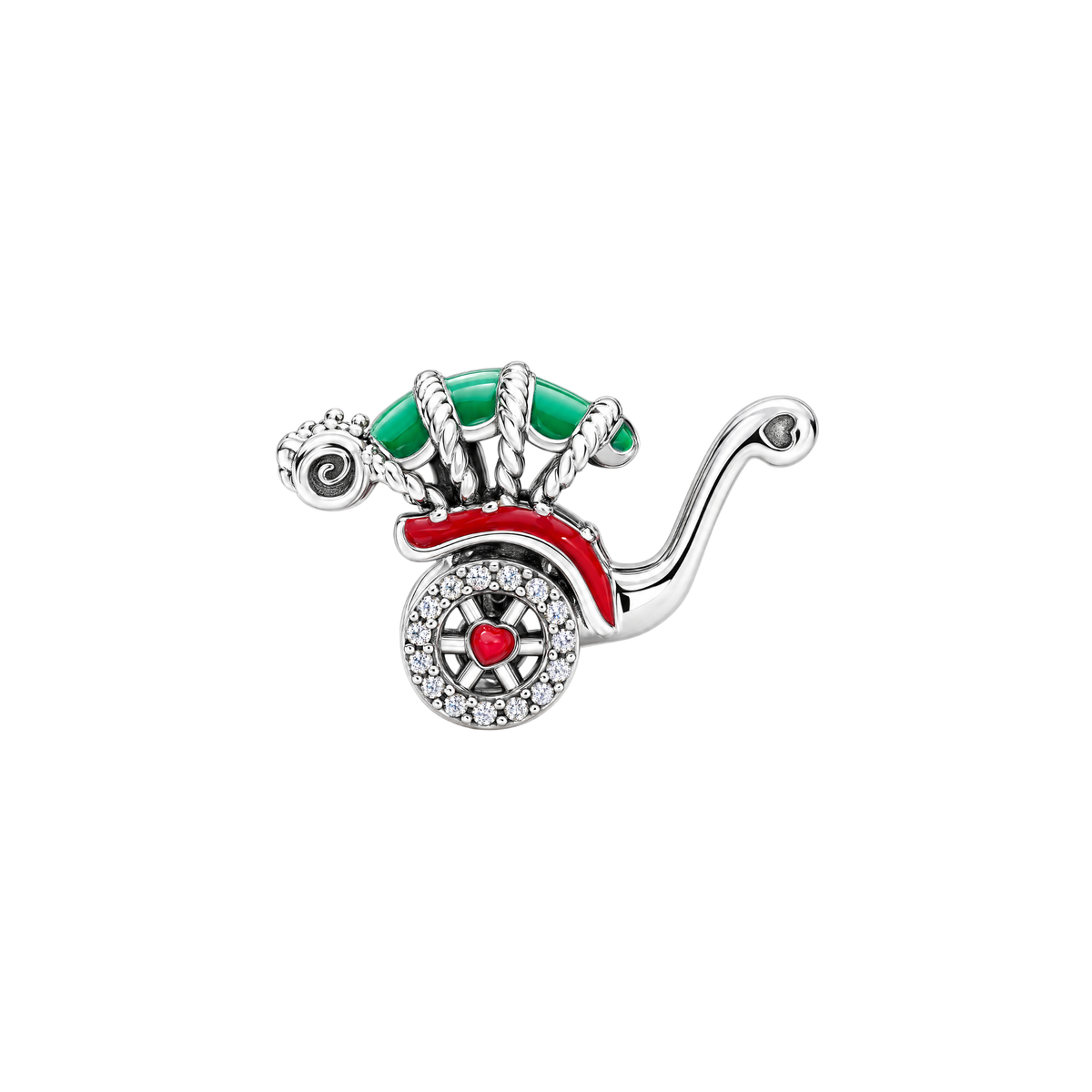 Sparkling Santa's Sleigh Christmas Charm in silver with red and green enamel and a crystal wheel with a red heart.