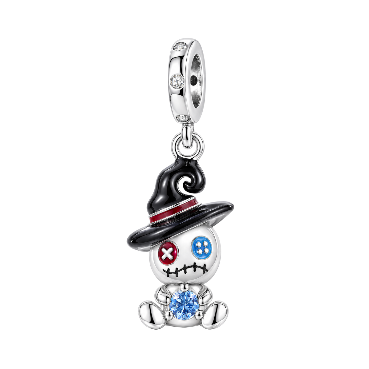 Voodoo Doll Witch Hat Halloween Dangle Charm featuring a silver doll with button eyes, stitched mouth, and a blue crystal orb.