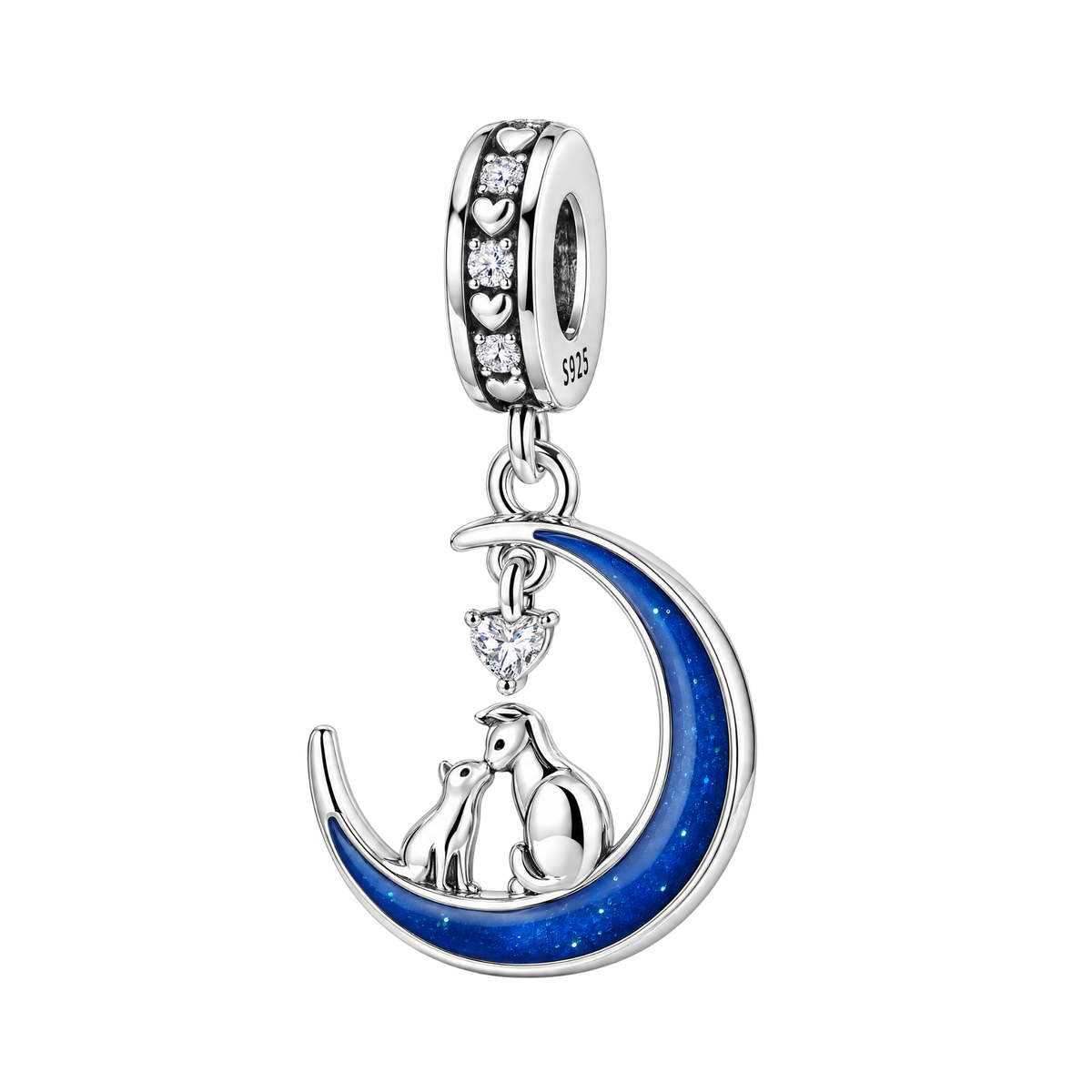 Sterling silver Cat and Dog Moon Love Glow Dangle Charm with a sparkling heart and blue crescent moon.