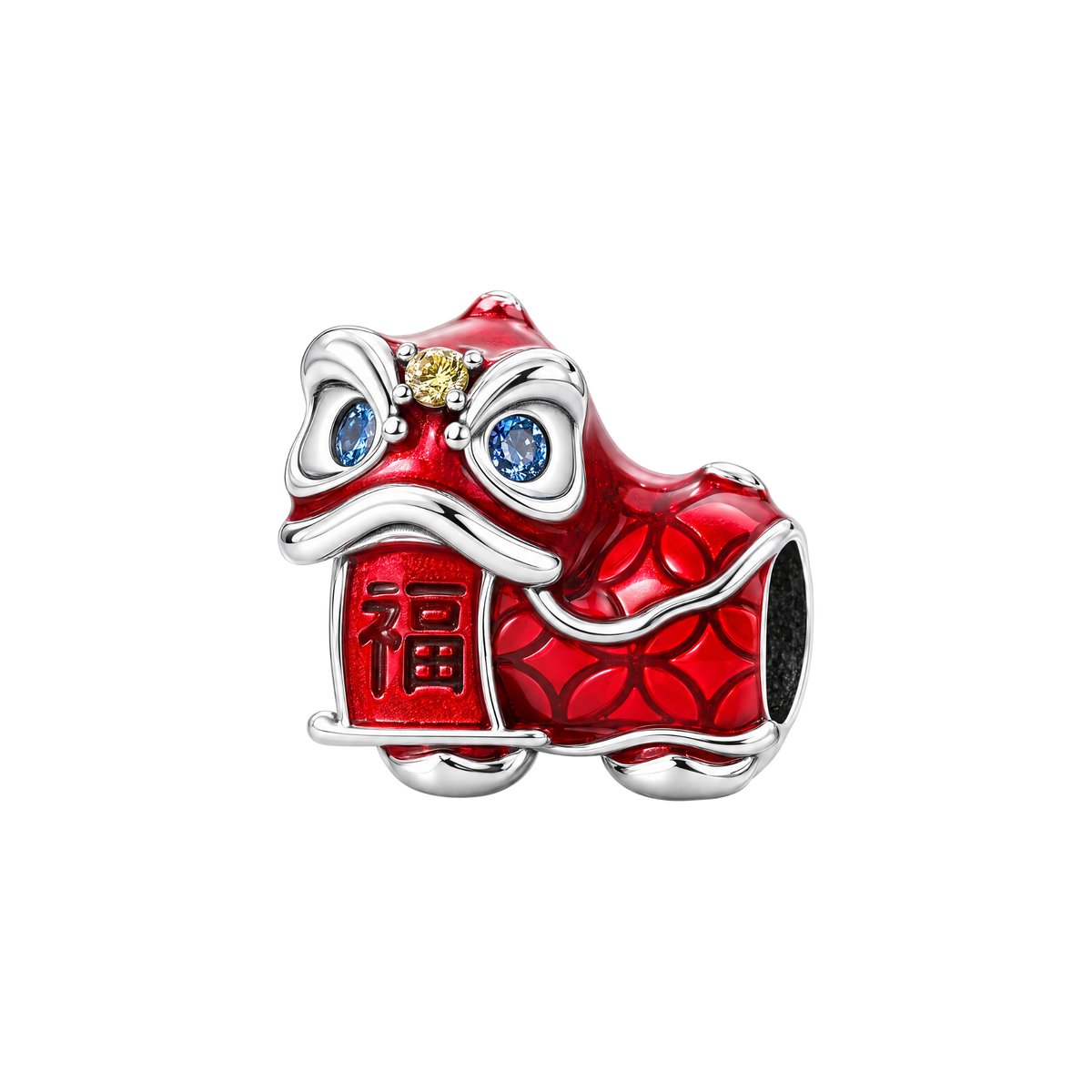 Red enamel Chinese Lion Dance Fortune Charm with blue crystal eyes and a silver Chinese character 福 for luck.