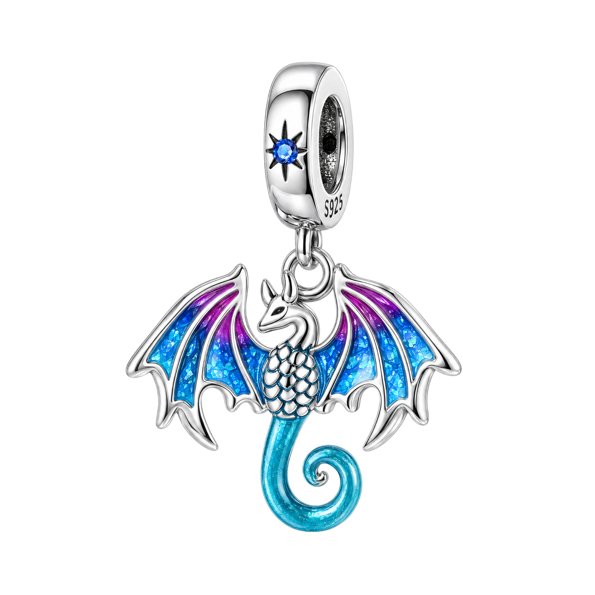 Mythical Dragon Soaring Fantasy Dangle Charm with shimmering blue and purple enamel wings and a sterling silver scaled body.