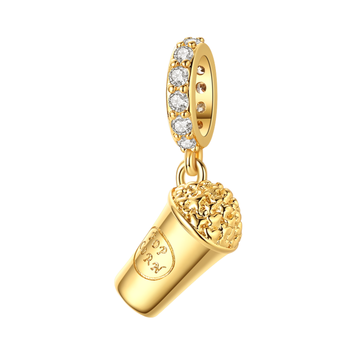 Gold Popcorn Cup Dangle Charm with detailed popcorn, perfect gift for movie lovers.