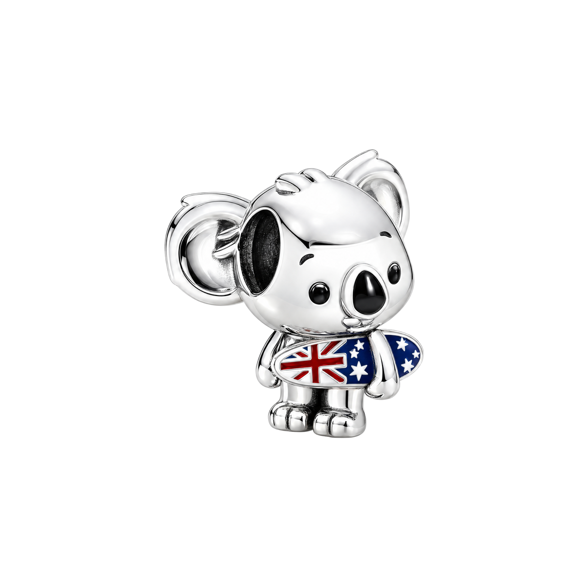 Sterling silver Australian Koala Surfing Charm featuring a cute koala holding an Australian flag surfboard in colorful enamel.