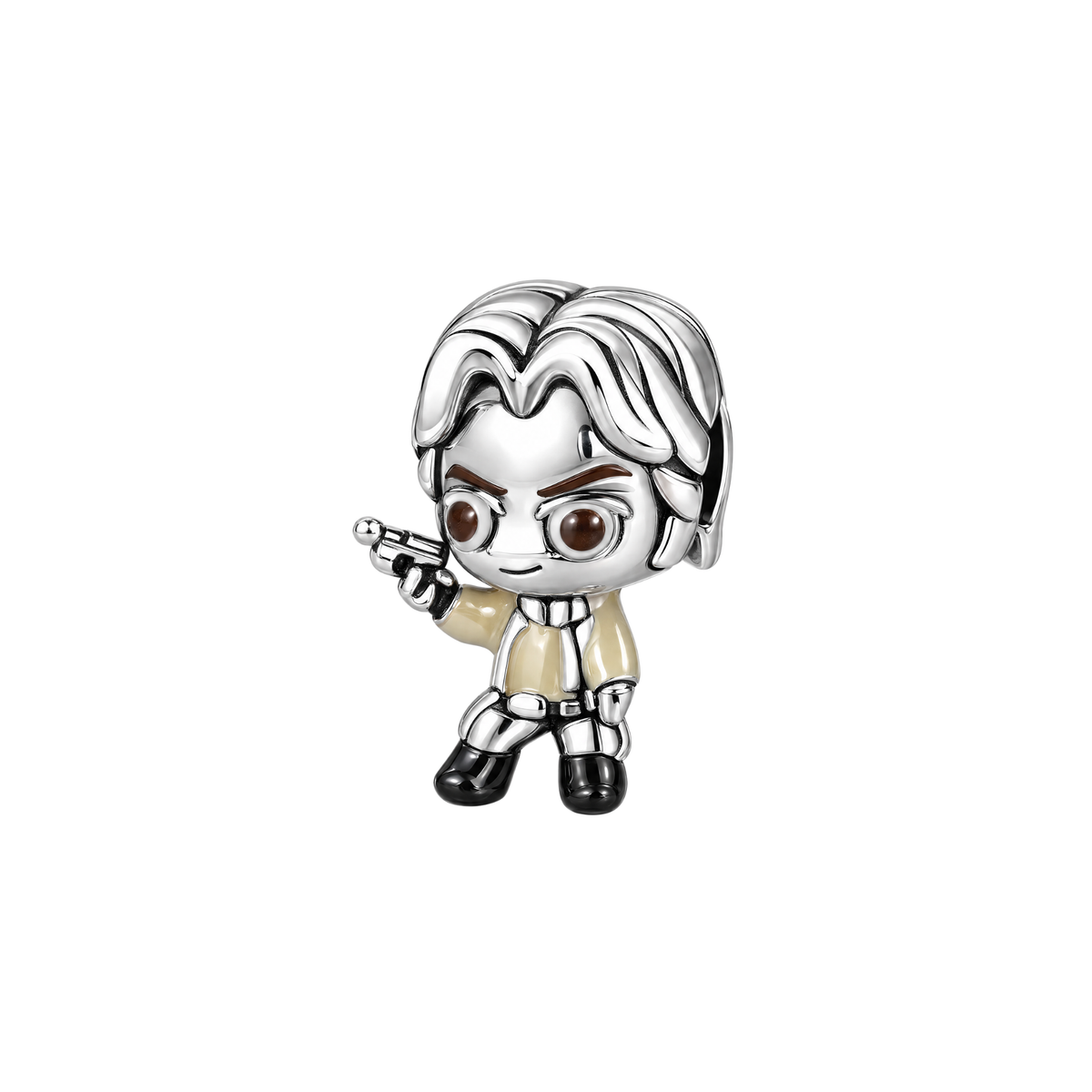 Sterling silver Star Wars Han Solo Charm featuring a chibi-style Han Solo holding a blaster with enamel details for a bracelet.