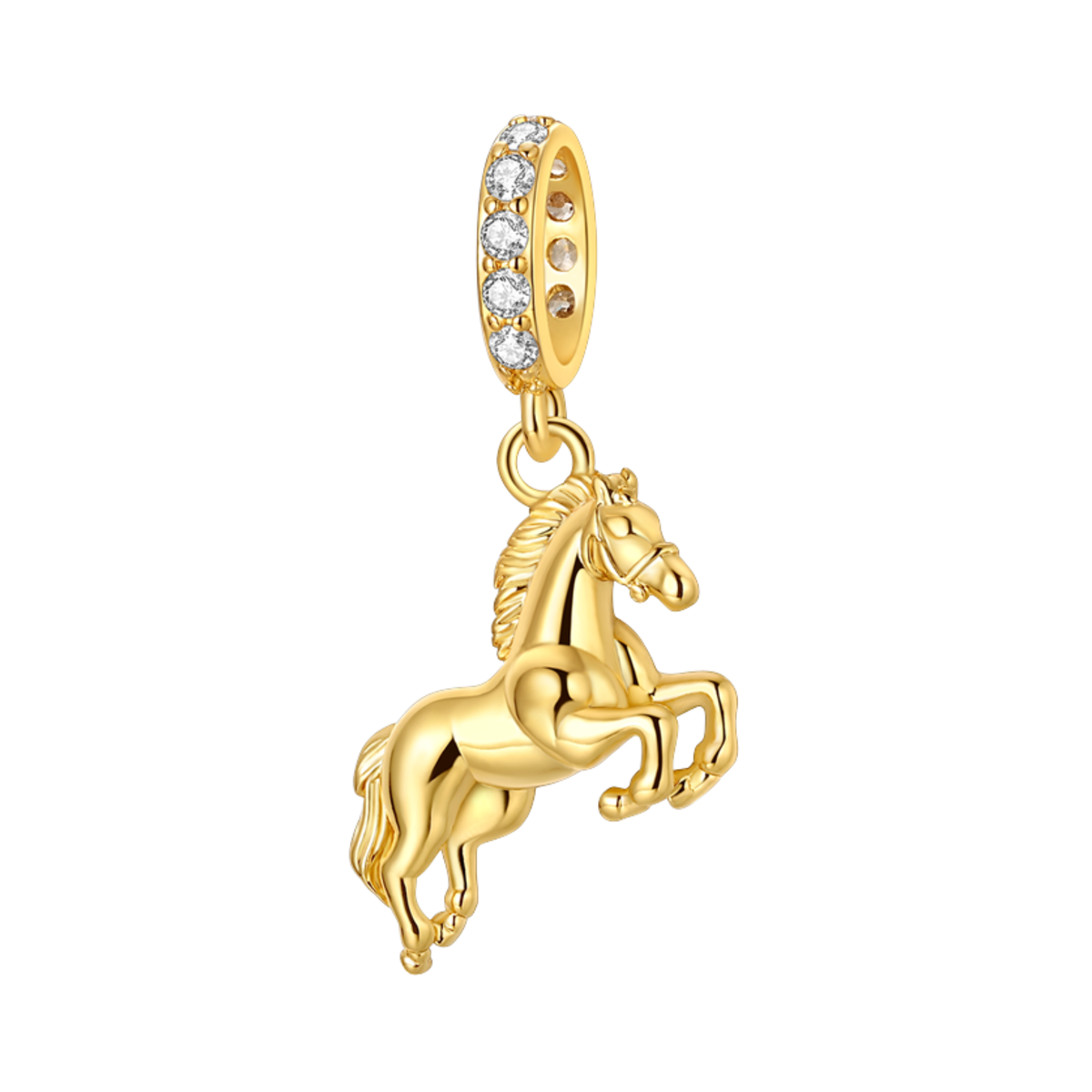 Gold Rearing Horse Dangle Charm featuring a polished gold horse and sparkling stone bale.