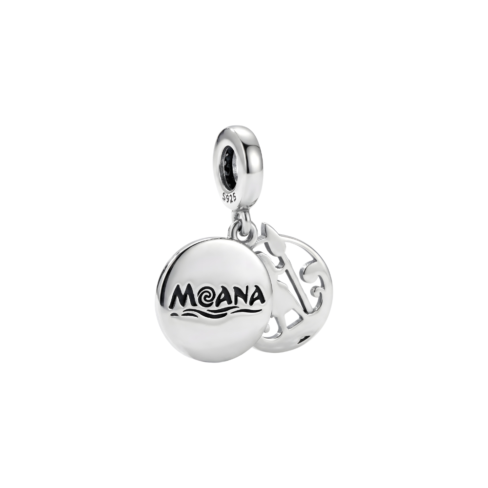 Disney Moana Double Dangle Charm featuring a round charm with Moana engraving and a symbolic pendant charm