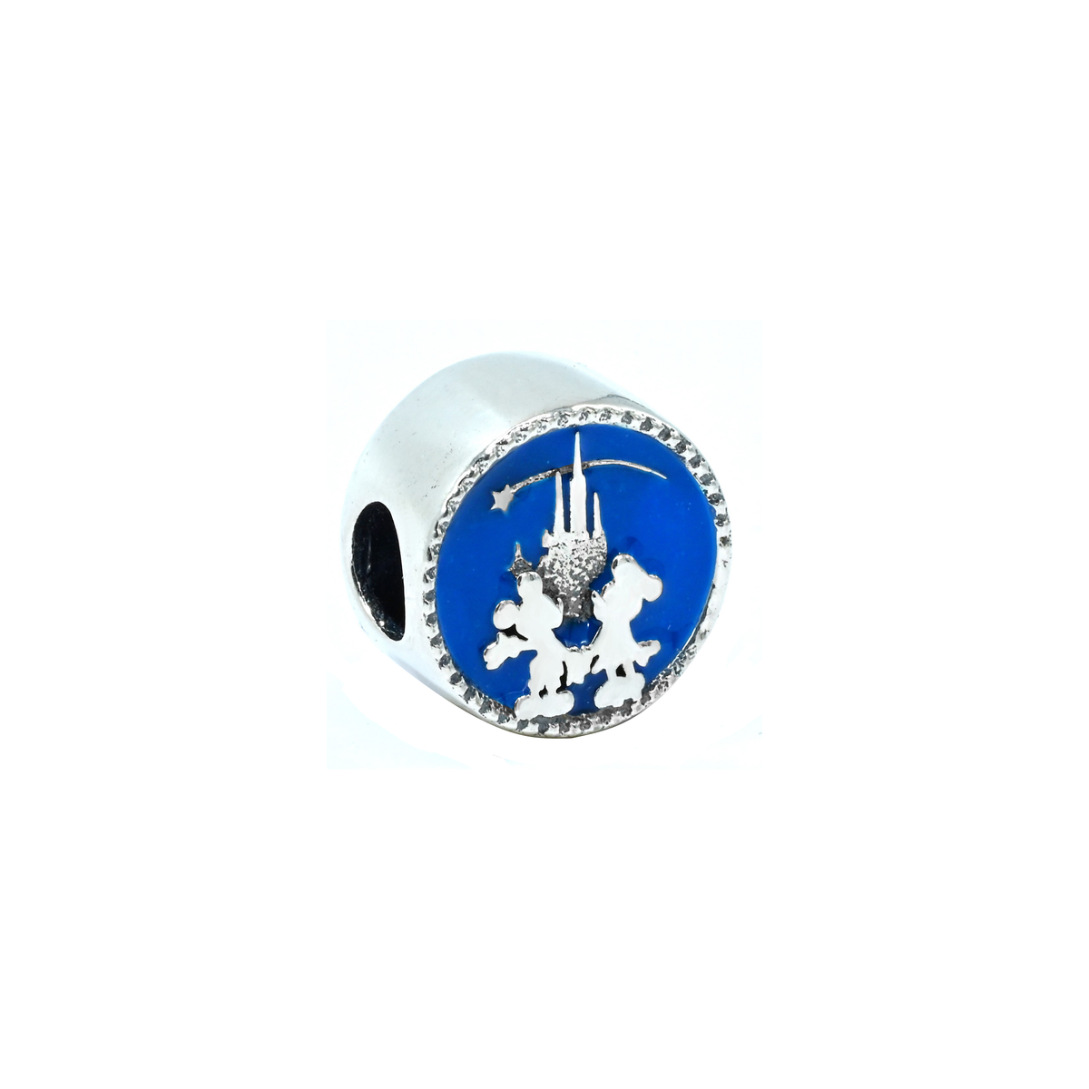 Disney Mickey and Minnie Castle Charm ( Discontinued ) with blue enamel and silver silhouette of Mickey and Minnie.