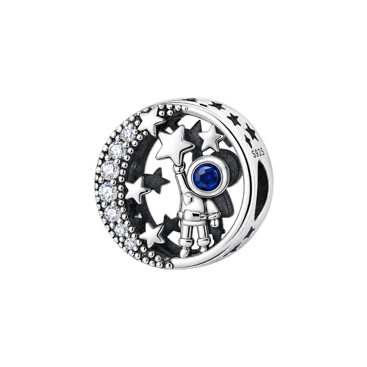 Among The Stars Astronaut Charm in sterling silver with blue sapphire helmet and sparkling crescent moon details.
