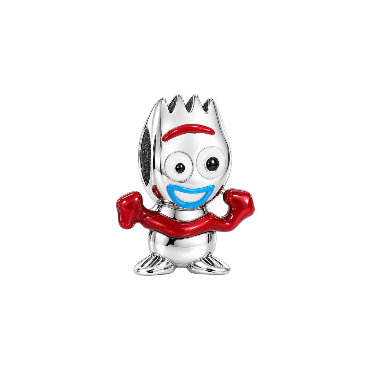 Silver Disney Toy Story Forky Charm featuring a colorful enamel smile and red pipe cleaner arms.