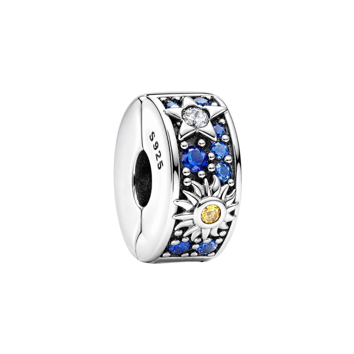 Sparkling Earth's Sky Celestial Clip Charm featuring blue pavé stones, a silver sun with a yellow center, and a clear stone star.