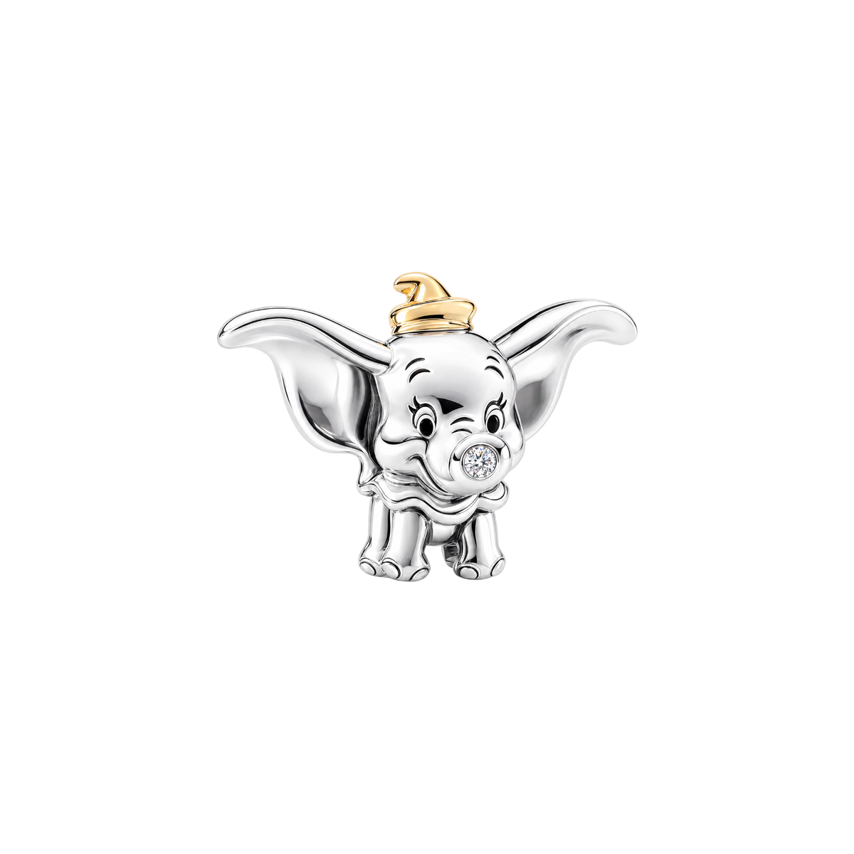 Sterling silver Disney Dumbo Joyful Charm featuring a small gold hat and sparkling stone detailing.