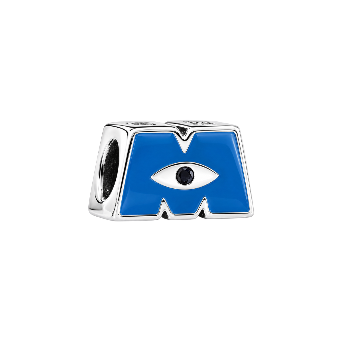Silver Disney Monsters Inc Logo Charm with blue enamel detailing featuring the iconic M logo and eye design.
