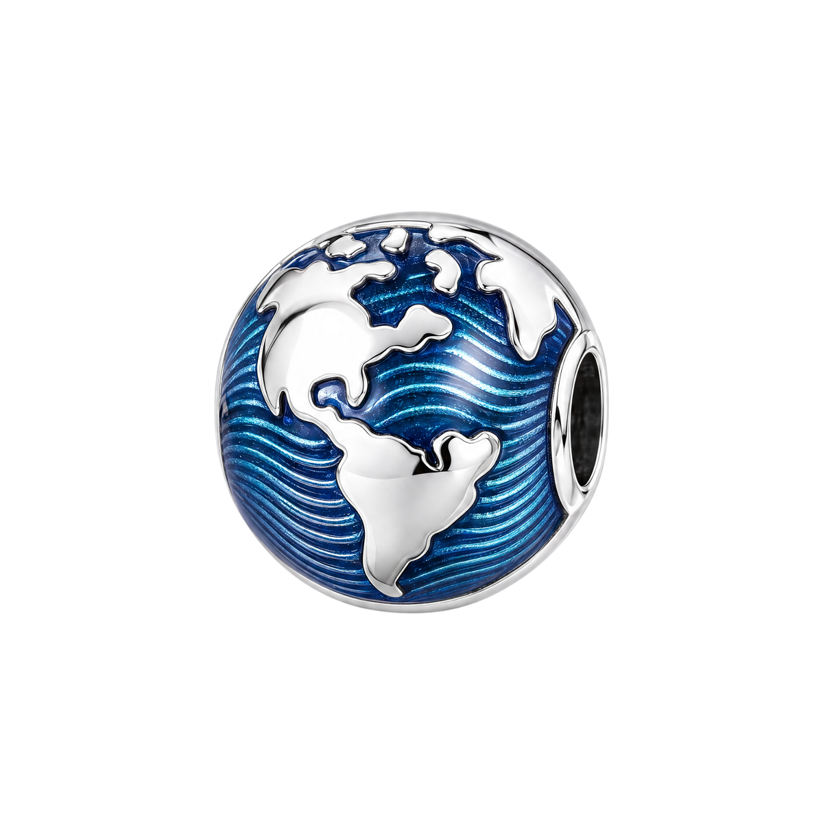 Blue Globe World Clip Charm featuring silver continents and blue enamel wave-patterned oceans.
