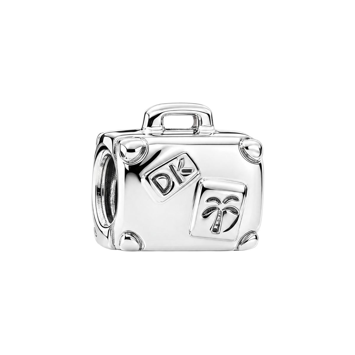 Sterling silver Wanderlust Suitcase Travel Charm featuring a carry handle, corner studs, and embossed travel stickers.