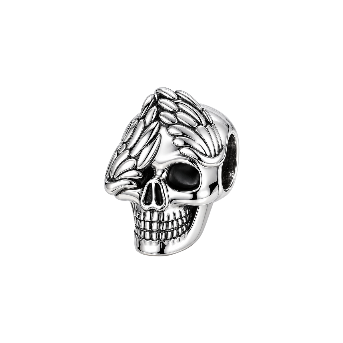 Detailed sterling silver Angel Winged Skull Charm with carved wings over a polished skull featuring black eye sockets.