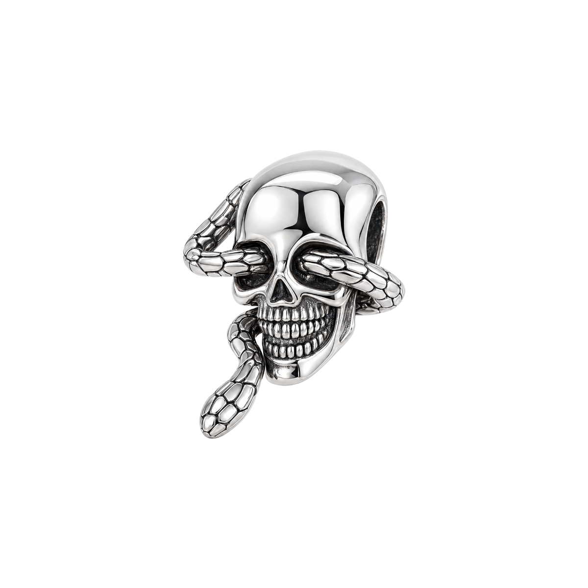See No Evil Skull Halloween Charm in sterling silver showing a detailed skull with a snake wrapped around its eyes.
