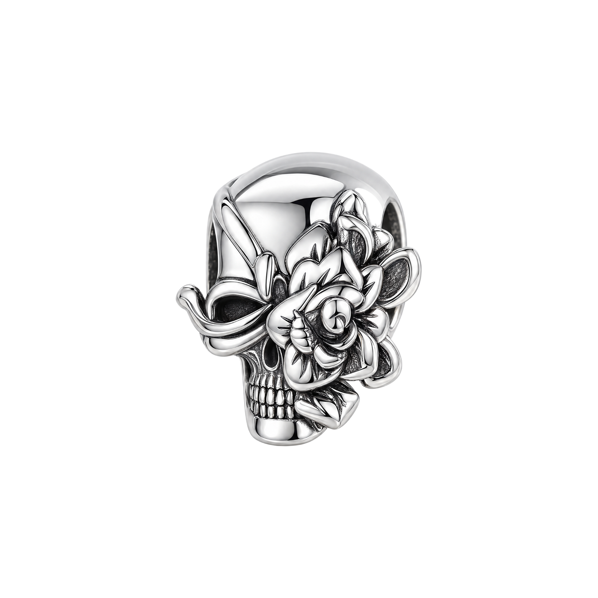 Oxidized silver Dark Rose Skull Charm with a blooming rose eye and detailed gothic design for bracelets.