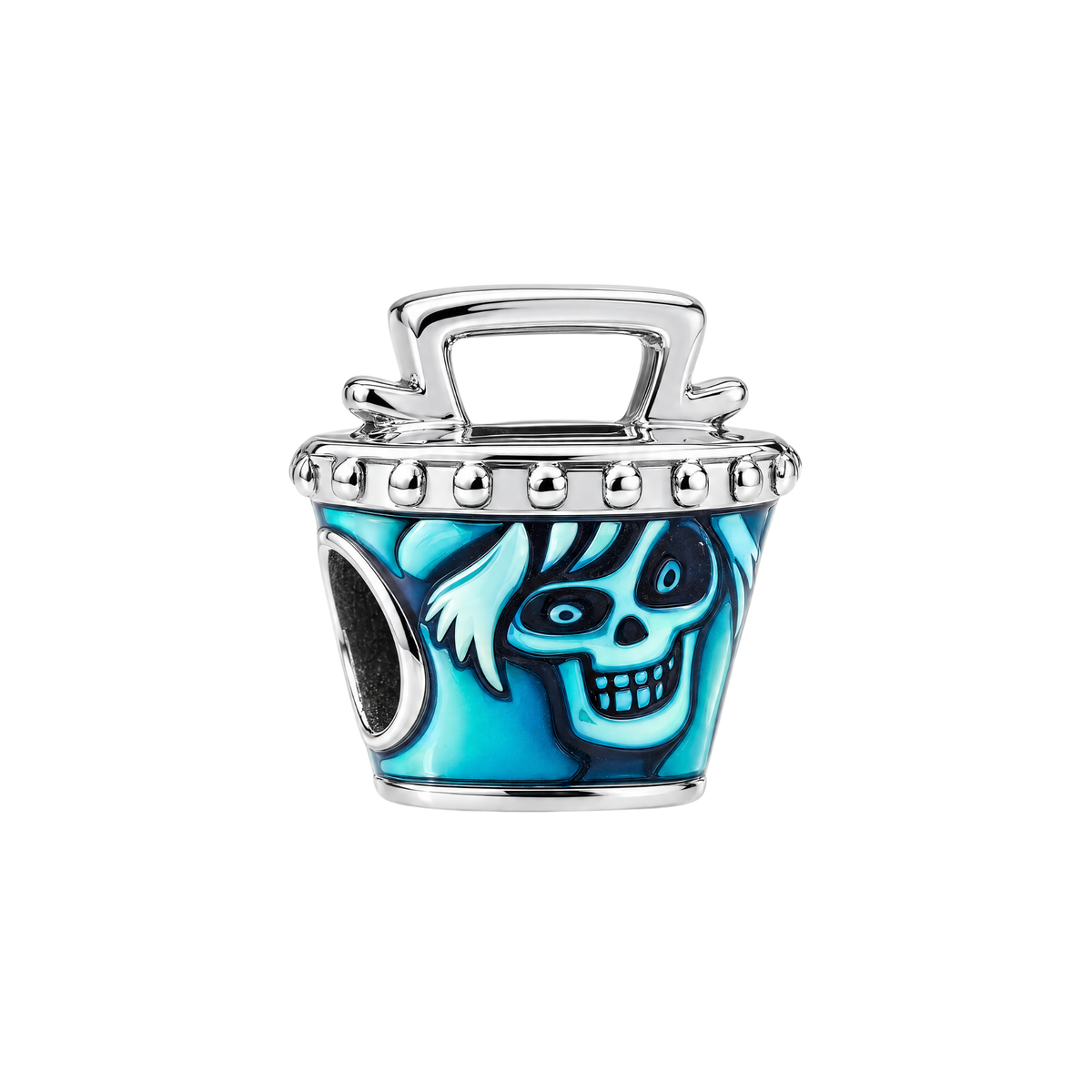 Silver hatbox-shaped Disney Haunted Mansion Hatbox Ghost Charm with blue enamel skull details on a white background.