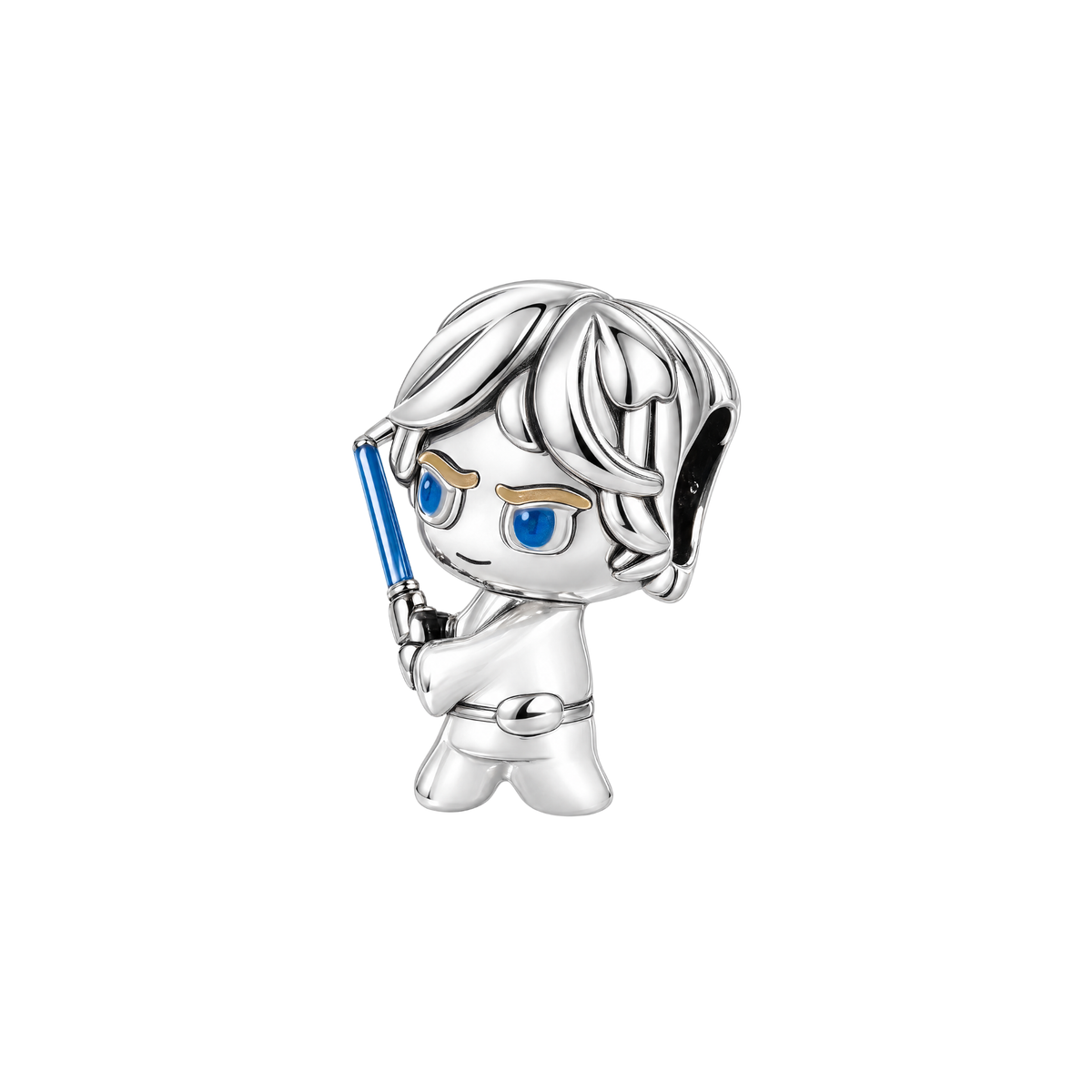 Star Wars Luke Skywalker Charm in sterling silver featuring blue enamel eyes and lightsaber details for a themed bracelet.
