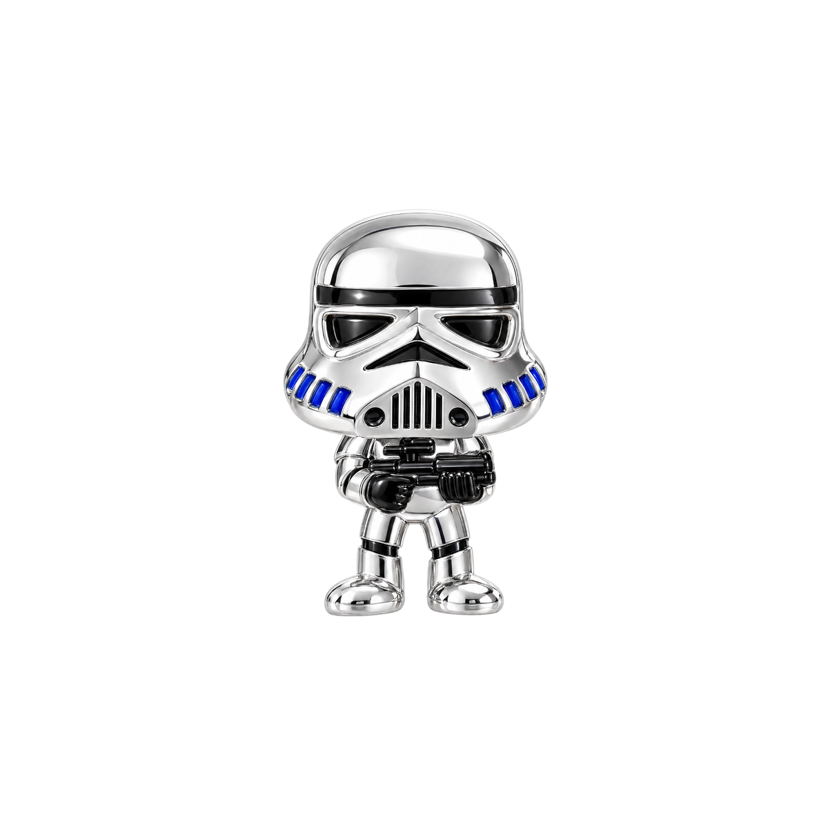 Shiny silver Star Wars Stormtrooper Charm with blue enamel details holding a blaster, perfect for a themed charm bracelet.