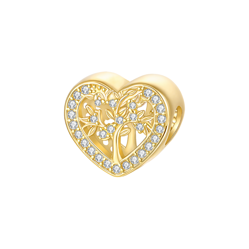 Gold Tree of Life Heart Charm, elegant gold charm symbolizing growth and family connections.