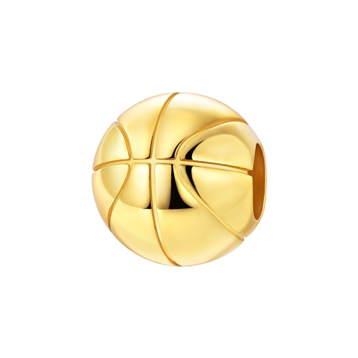 Gold Basketball Charm, a polished warm gold basketball charm with detailed seam lines, perfect for basketball fans.
