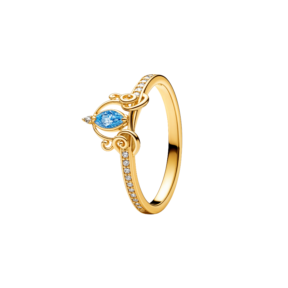Disney Cinderella Carriage Ring featuring a blue centerpiece and elegant gold design, perfect for fairytale lovers.