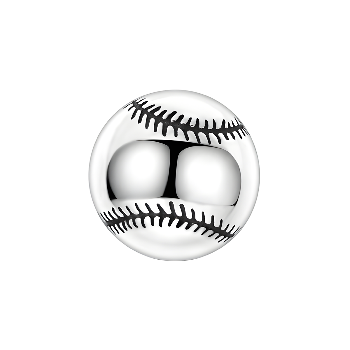 Silver Baseball Charm featuring polished silver and black oxidised stitch lines, perfect for baseball lovers.