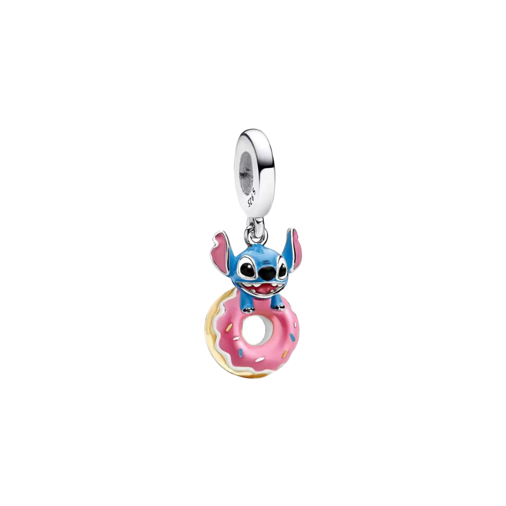 Disney Lilo and Stitch Donut Dangle Charm featuring blue Stitch on a pink donut with sprinkles.