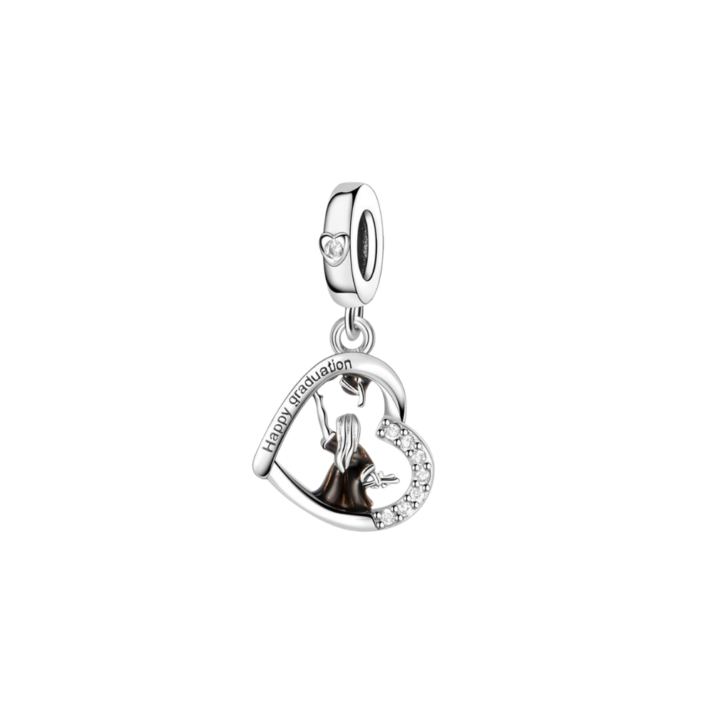 Happy Graduation Girl Heart Dangle Charm featuring a female graduate silhouette and sparkling crystals.