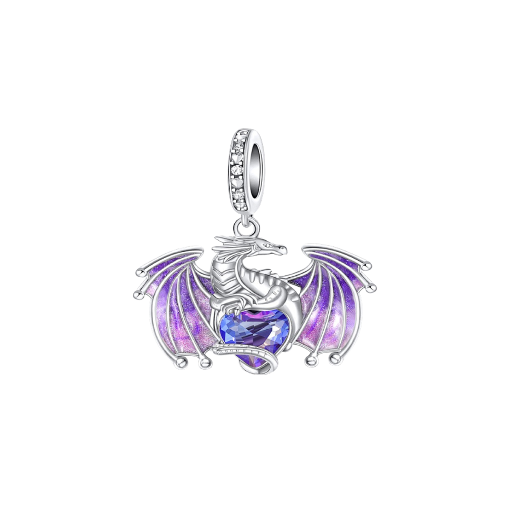 Fierce Heart Dragon Dangle Charm featuring shimmering purple wings and a blue-purple crystal heart.