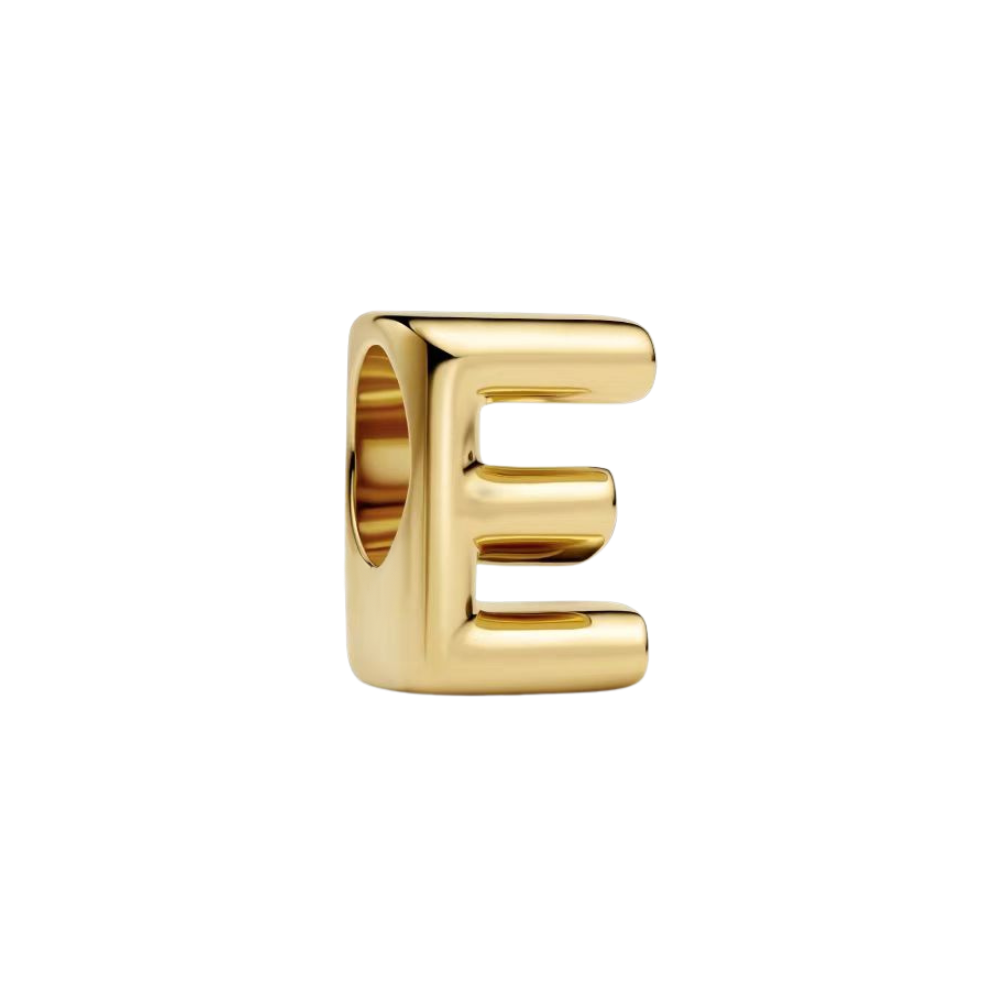 Gold Alphabet Charms A–Z letter E charm in glossy gold finish for personalised jewellery.
