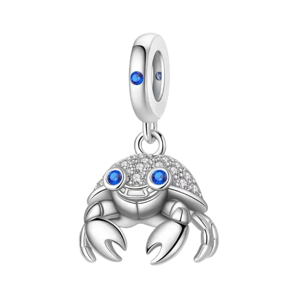 Sparkling Ocean Crab Dangle Charm featuring a silver crab with blue crystal eyes and a sparkling pavé shell.