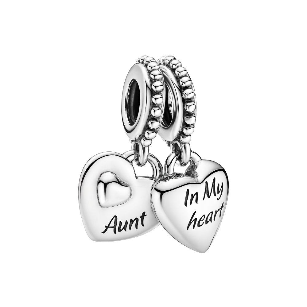 Aunt & Niece In My Heart Dangle Charm showcasing two silver hearts engraved with 'Aunt' and 'In My Heart'.