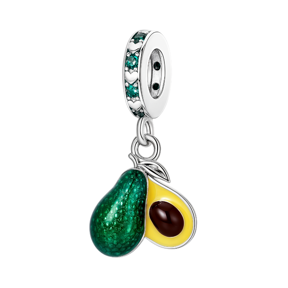 Avocado Dangle Charm featuring green enamel avocado with yellow and brown center, sterling silver bale and emerald crystals.