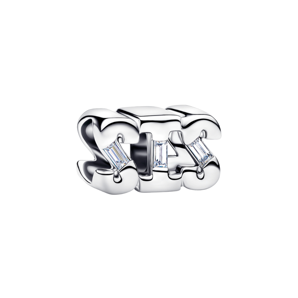 Sparkling Baguette SIS Letter Charm with silver letters and sparkling baguette stones.