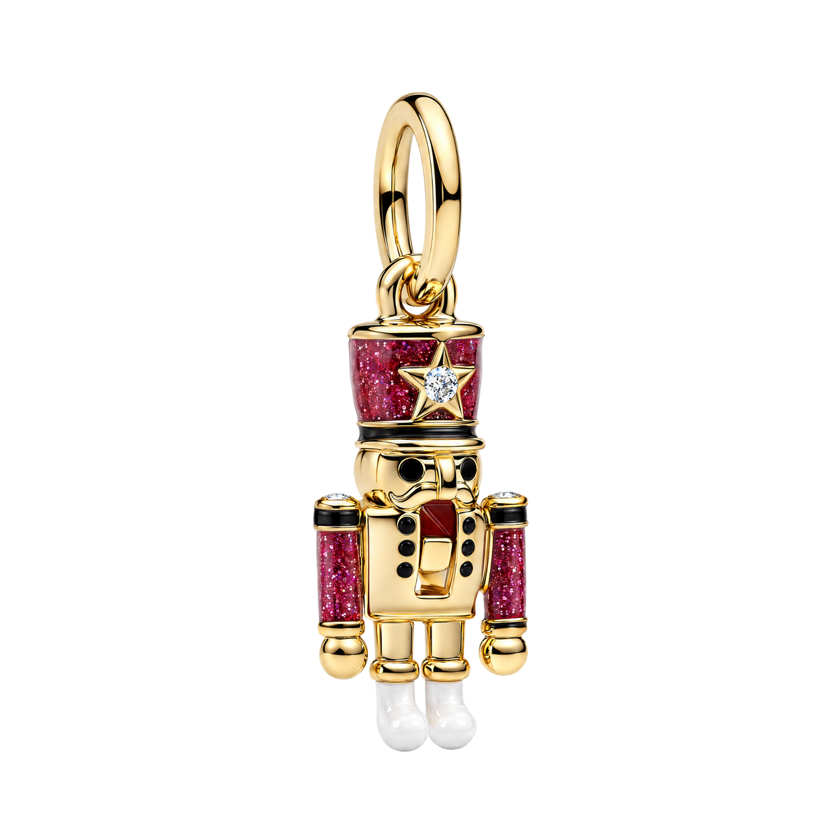 Golden Nutcracker Pendant charm with glittery red details and a sparkling star gem, perfect for festive holiday jewellery.