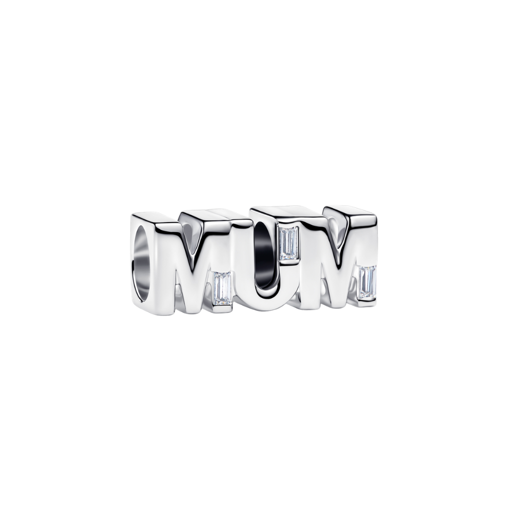 Sparkling Baguette MUM Letter Charm in polished silver with sparkling baguette stones, elegant gift for mum.