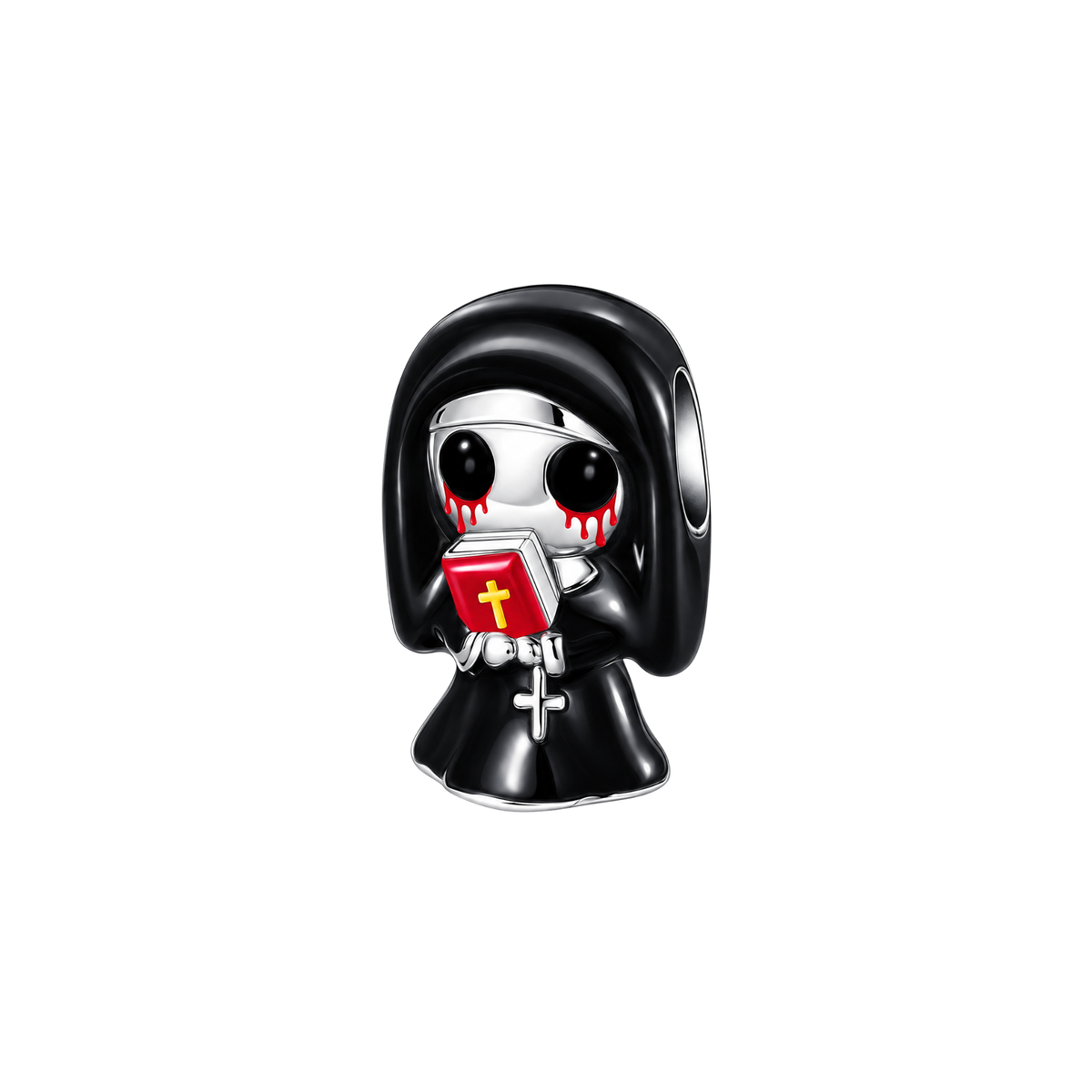 Halloween Haunted Nun Charm figure with black robe and red details holding a book, perfect for spooky season collections.