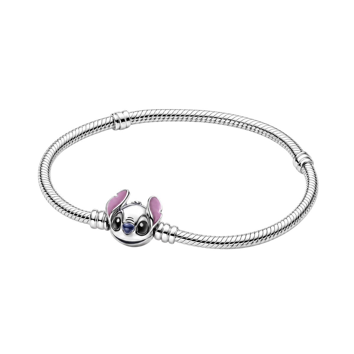 A silver Disney Lilo and Stitch Snake Chain Bracelet featuring a detailed Stitch charm clasp with pink enameled ears.
