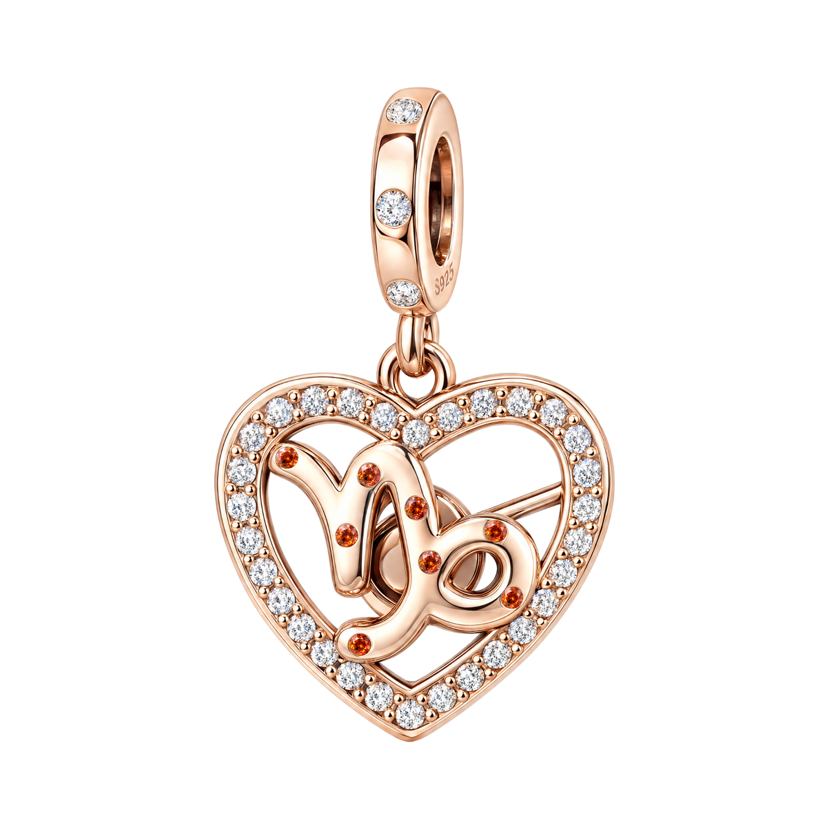 Rose Gold Sparkling Capricorn Dangle Charm featuring a heart frame with clear pavé crystals and an amber-set zodiac symbol.