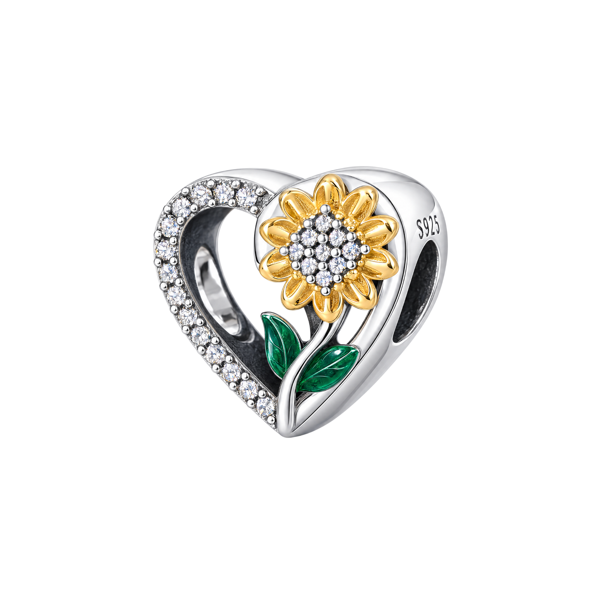 Golden Sunflower Heart Charm in sterling silver with sparkling white stones and green enamel leaves.