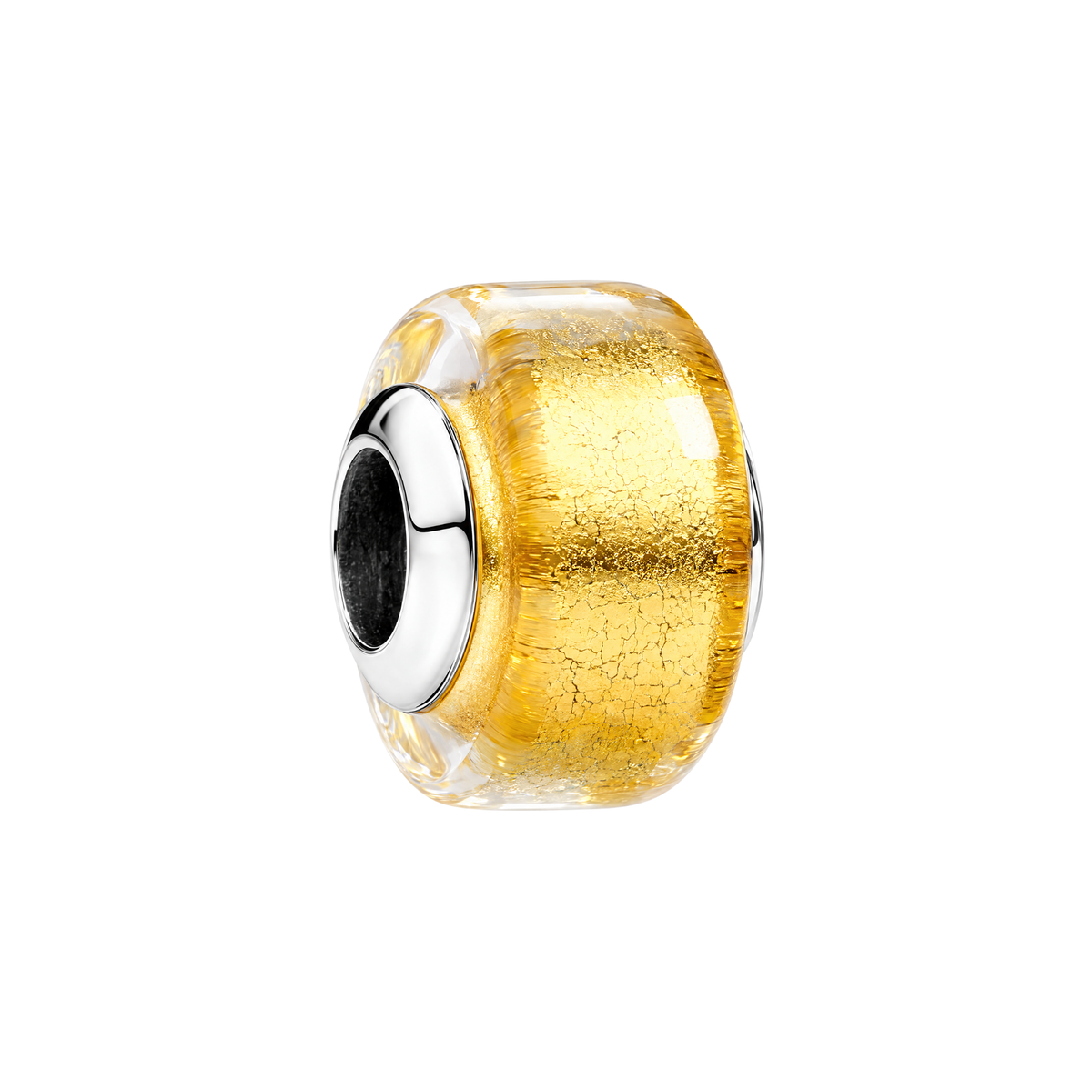 Golden Murano Glass Charm with a luminous gold foil core encased in clear glass and polished silver end caps.