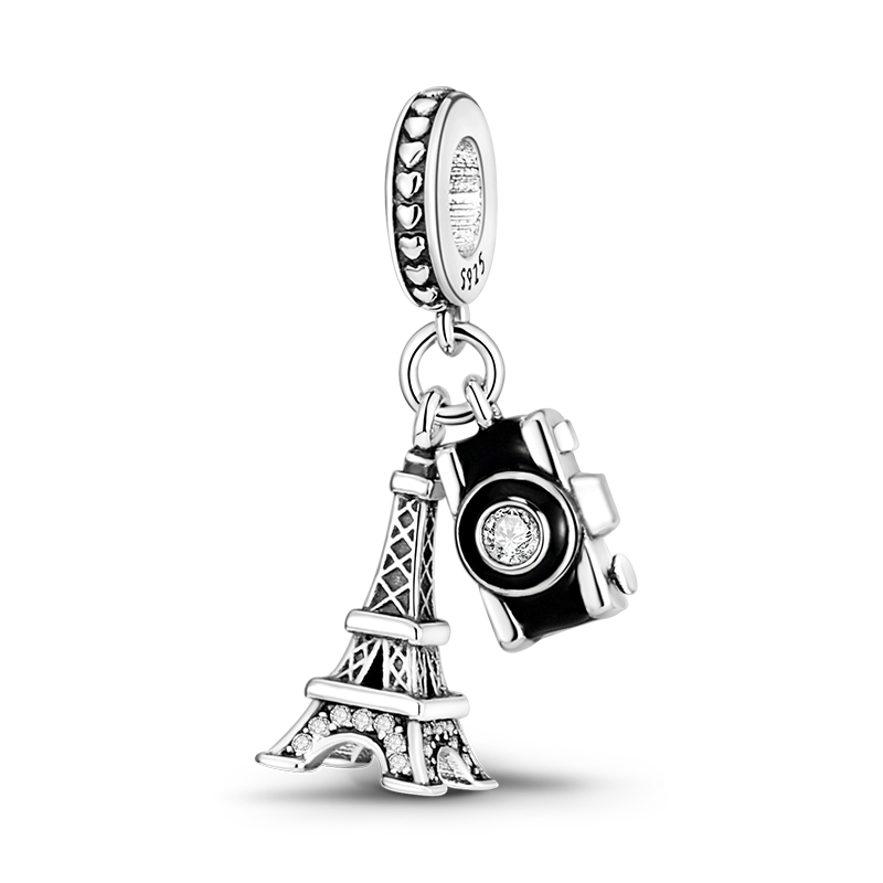 Paris Eiffel Tower and Camera Dangle Charm featuring a sparkling Eiffel Tower and enamel camera.