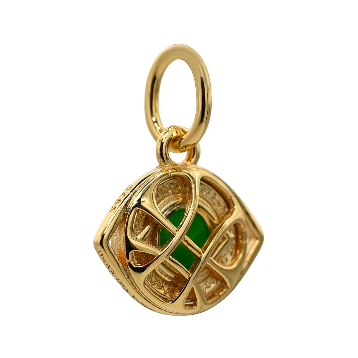 Marvel Doctor Strange Eye of Agamotto Gold Pendant, a stunning gold cage charm with a green stone.