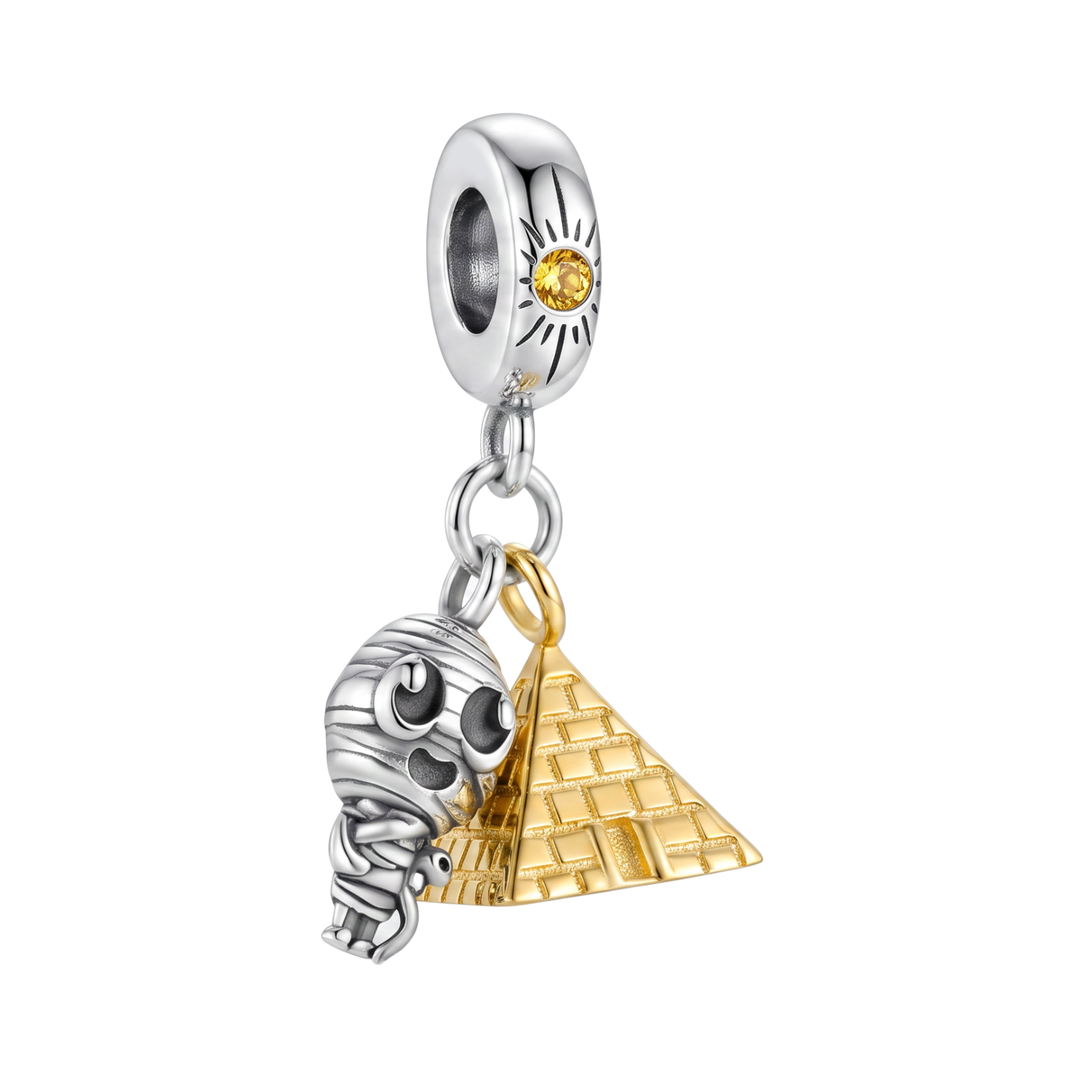 Mystical Egyptian Mummy Pyramid Dangle Charm with silver mummy figure and gold pyramid detail.