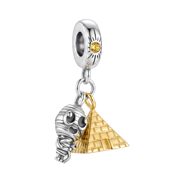 Mystical Egyptian Mummy Pyramid Dangle Charm with silver mummy figure and gold pyramid detail.