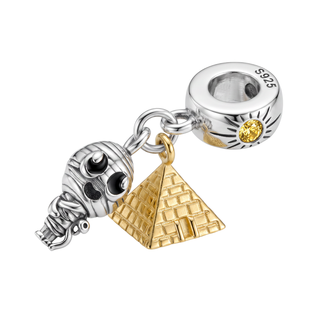 Mystical Egyptian Mummy Pyramid Dangle Charm featuring a silver mummy and gold pyramid design
